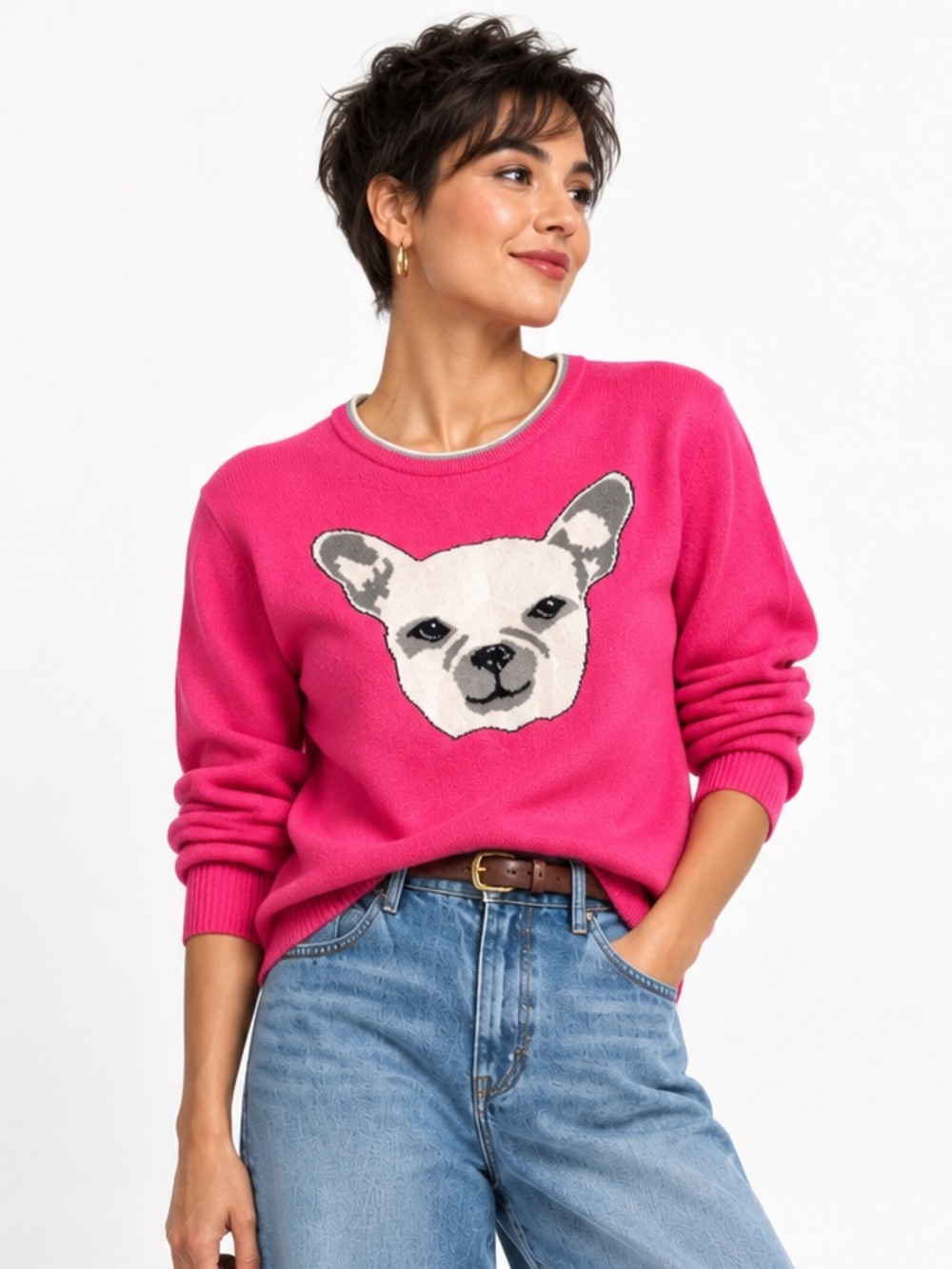 Gap Frenchie Intarsia Pink Merino Wool Bulldog Sweater XL